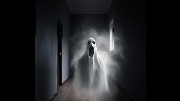 Halloween-Geist in einem gespenstischen leeren Haus dunkler mysteriöser Hintergrund Header-Banner-Mockup mit