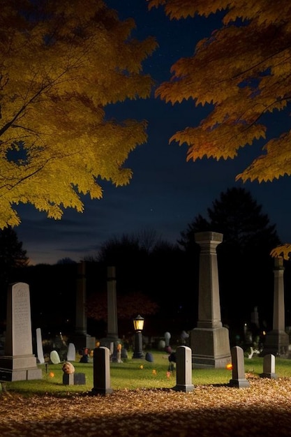 Halloween-geisterhafte Nachtfriedhofsszene mit Fledermäusen und Mond im Hintergrund