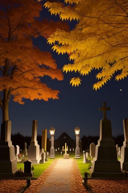 Halloween-geisterhafte Nachtfriedhofsszene mit Fledermäusen und Mond im Hintergrund