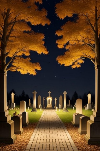 Halloween-geisterhafte Nachtfriedhofsszene mit Fledermäusen und Mond im Hintergrund