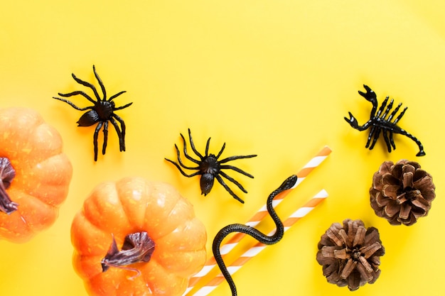 Halloween-gelber Hintergrund mit Spinnenkürbisen flachem Layout Draufsicht Kopienraum