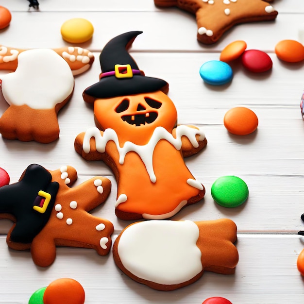 Halloween-Gingerbread-Kekse mit Süßigkeiten auf einem weißen Holztisch