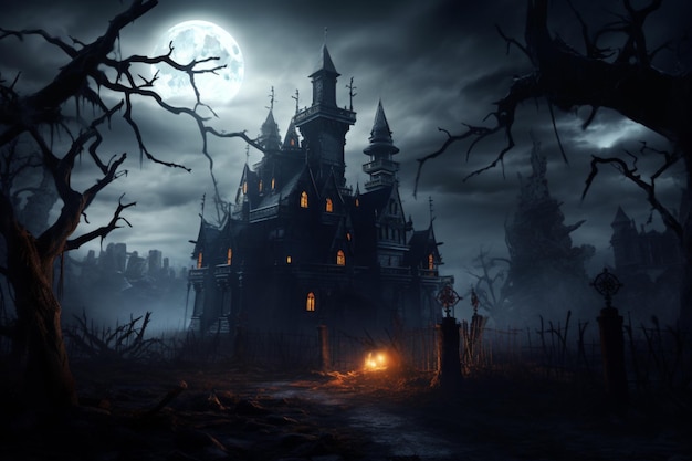 Halloween-gotischer dunkler Burghintergrund, KI generiert