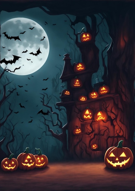 halloween gráficos casa à noite morcegos e jackolantern