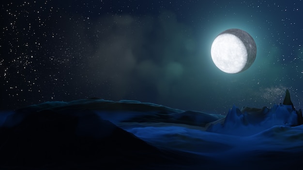 Halloween-grafischer Hintergrund. Großer Vollmond am Himmel mit Wolke im Erdgeschoss. Blaue Themenfarbe. 3D-Darstellungs-Rendering