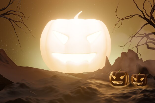 Halloween-grafischer Hintergrund. Großes Kürbislicht am gelben Himmel mit Stern- und Kürbisgesichtslampe. Gelb-Orange-Thema. 3D-Darstellung Rendering