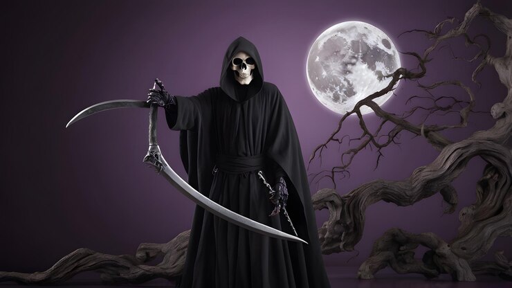 Halloween Grim Reaper con JackoLantern Un fondo oscuro y una atmósfera de niebla púrpura