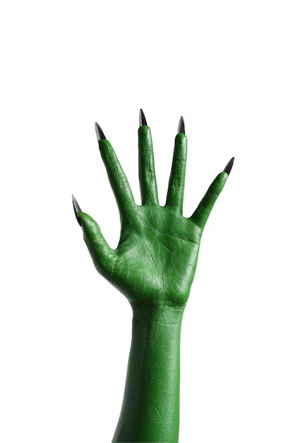 Halloween-grüne Farbe der bösen oder Zombie-Monsterhand der Hexen lokalisiert auf weißem Hintergrund