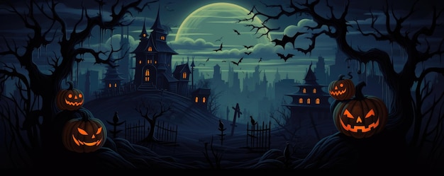 Halloween gruselige Nachtwald- und Haustapete mit Kürbissen und Mond Generative Ai