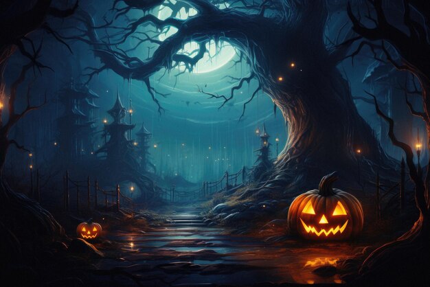 Halloween gruseliger Hintergrund gruselige Jack-O-Laterne-Kürbisse im gruseligen Wald