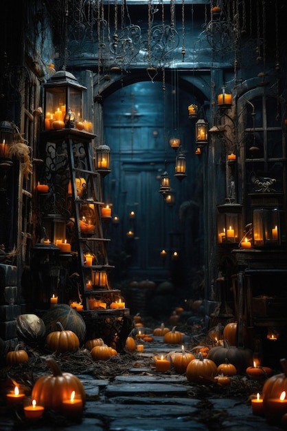 Halloween gruseliger Hintergrund, gruselige Kürbisse im gruseligen Horror-Geisterhauszimmer