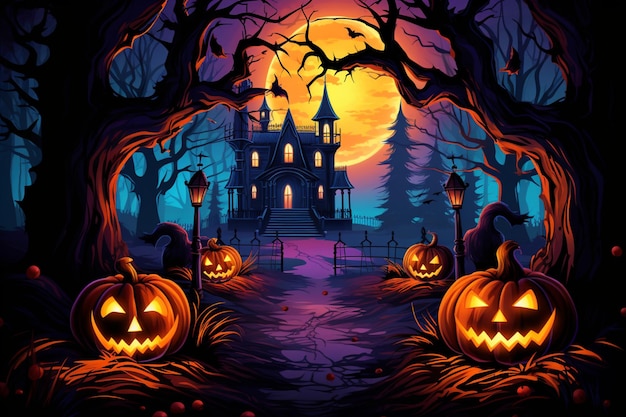 Halloween gruseliger Hintergrund Landschaft unheimlich Illustration Cartoon Schloss Kürbis Bäume Fledermäuse Mond