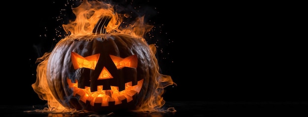 Halloween gruseliger Kürbis auf brennendem schwarzem Hintergrund, isoliert von der KI generiert