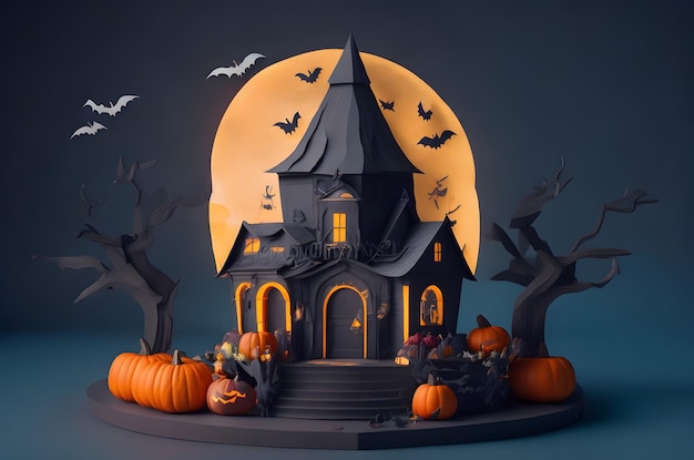 Halloween-Haus auf einem Podium Papierkunststil ai generierten Hintergrund