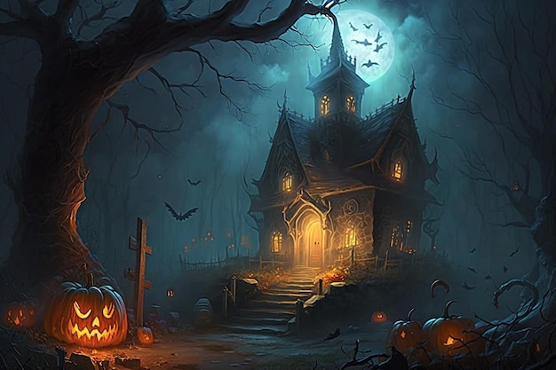 Halloween-Haus in einem dunklen Wald mit Kürbissen und Fledermäusen
