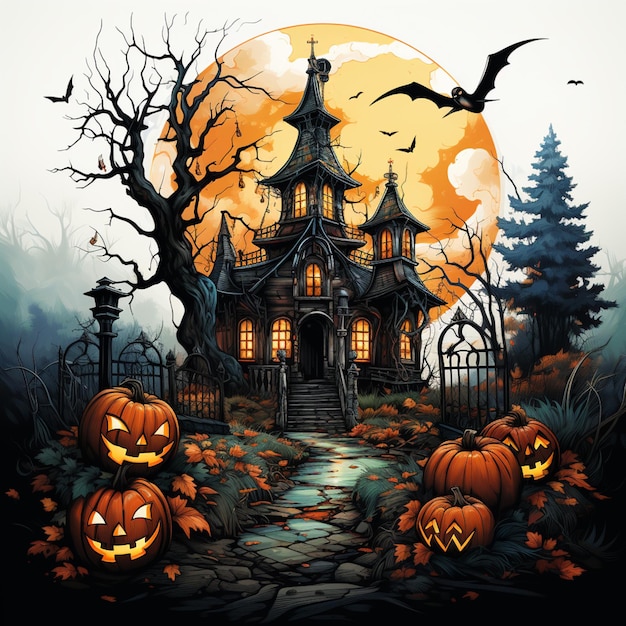 Halloween-Haus mit Kürbissen und Fledermäusen vor einem Vollmond-Generativ-Ai