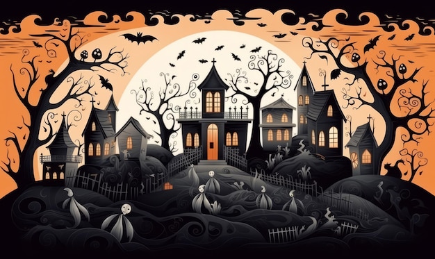 Halloween-Haus und Menschenmassen mit Geistern davor