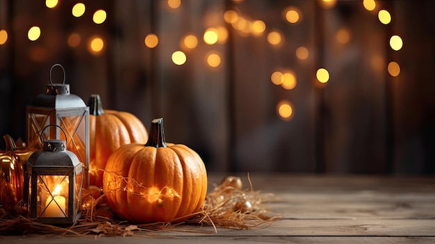 Halloween Herbst Kürbisse auf Stroh angezündet funkelnde Party-Lichter hinter