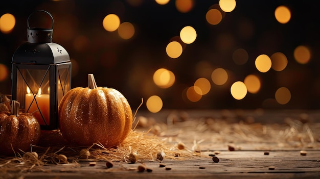 Halloween Herbst Kürbisse auf Stroh angezündet funkelnde Party-Lichter hinter