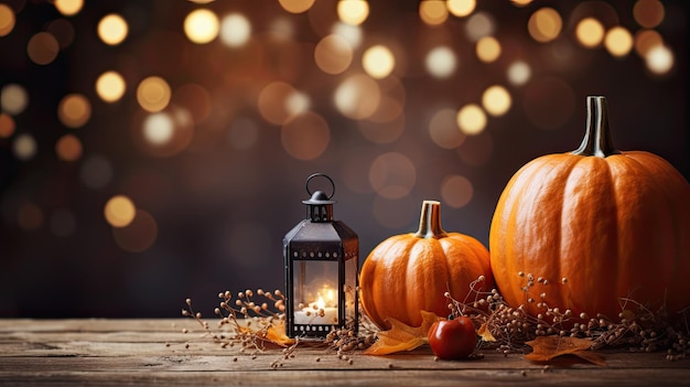 Halloween Herbst Kürbisse auf Stroh angezündet funkelnde Party-Lichter hinter