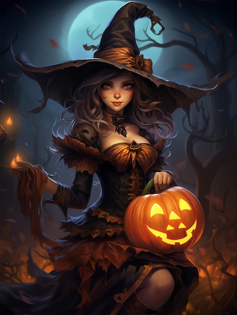 Halloween-Hexe mit Kürbis und Besen