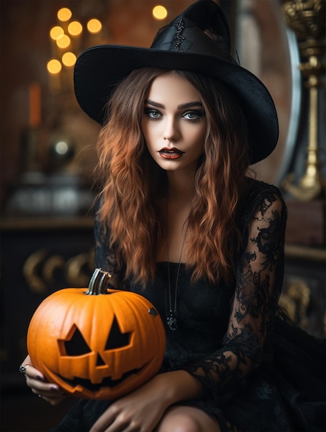 Halloween-Hexe mit Kürbis und Besen