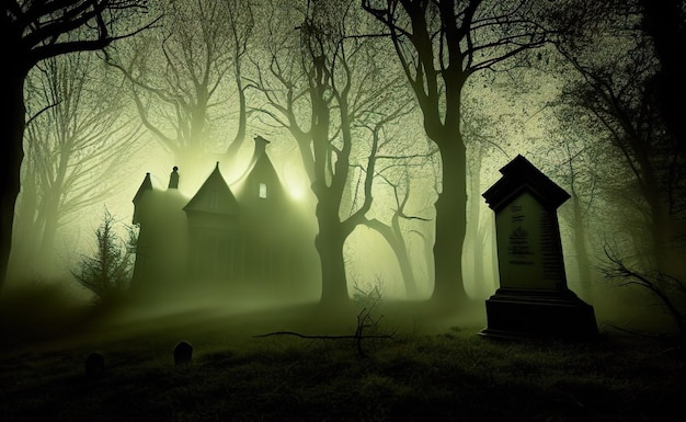 Halloween-Hintergrund, digitale Illustration eines viktorianischen Spukhauses in einem dichten gespenstischen Wald