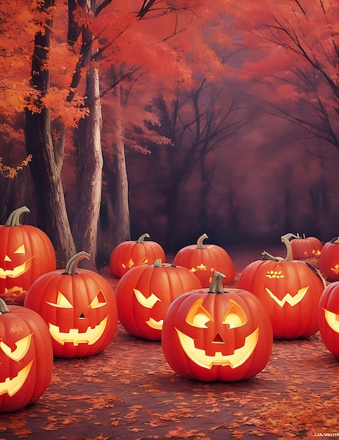 Halloween-Hintergrund gruselige Kürbisse im Wald Halloween-Konzept Rotton AI Generate