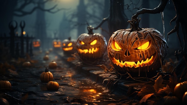 Halloween-Hintergrund Gruseliger Kürbis mit Mond und dunklem Wald Halloween-Design mit Kopierraum