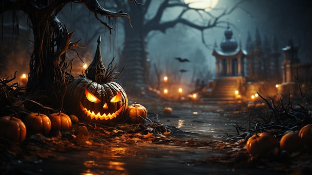 Halloween-Hintergrund Gruseliger Kürbis mit Mond und dunklem Wald Halloween-Design mit Kopierraum