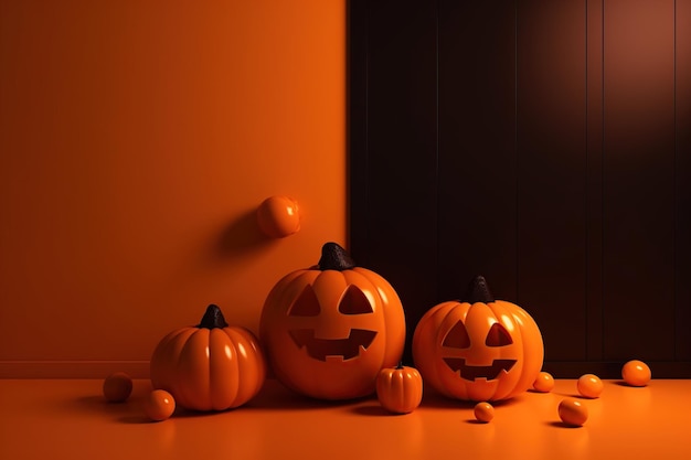 Halloween-Hintergrund Halloween-Melonen auf einem schwarzen und orangefarbenen Hintergrund Platz für textgenerative ai