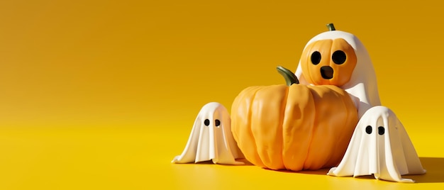 Halloween-Hintergrund Halloween-Webbanner mit Kürbis und niedlichem Geist auf gelbem Hintergrund