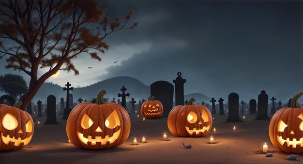 Halloween-Hintergrund mit beängstigenden Kürbissen, die nachts auf dem Friedhof beleuchtet werden