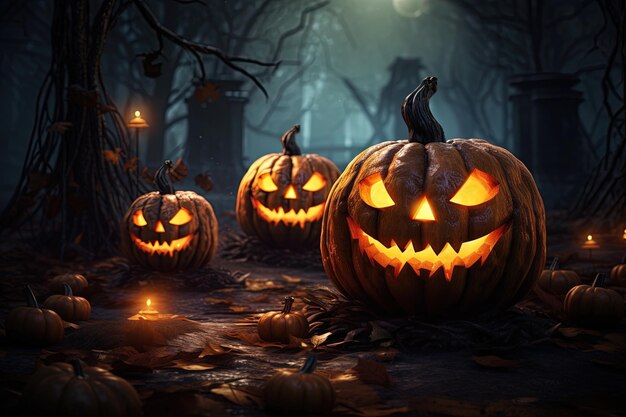 Halloween-Hintergrund mit beängstigenden Kürbissen im dunklen Wald