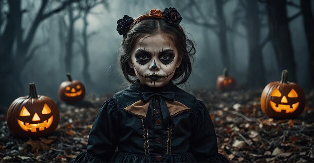 Halloween-Hintergrund mit beängstigenden Kürbissen in einem dunklen Wald in der Nacht