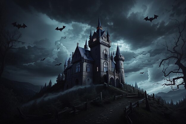 Halloween-Hintergrund mit beängstigenden Kürbissen Kerzen auf dem Friedhof in der Nacht mit einem Schlosshintergrund
