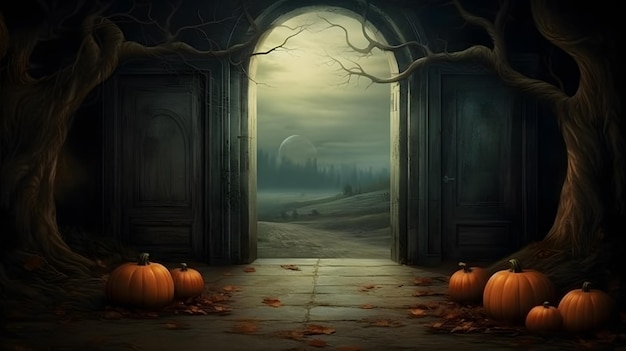 Halloween-Hintergrund mit beängstigender Tür und Kürbissen