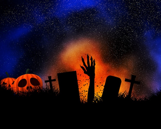 Halloween-Hintergrund mit der Zombiehand, die aus dem Boden heraus birst