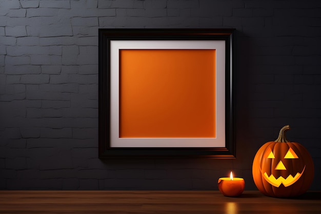 Foto halloween-hintergrund mit einem leeren rahmen an der wand, kerzen und einem kürbis-jack-kopf