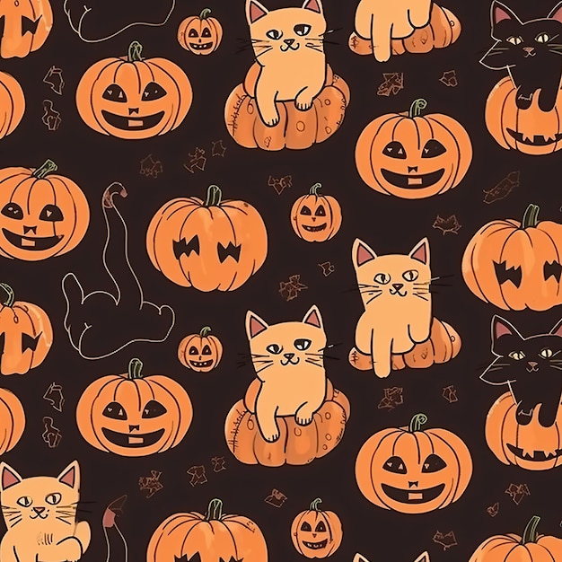 Halloween-Hintergrund mit einem Muster aus Kätzchen und Kürbissen im Vintage-Stil. Generative KI