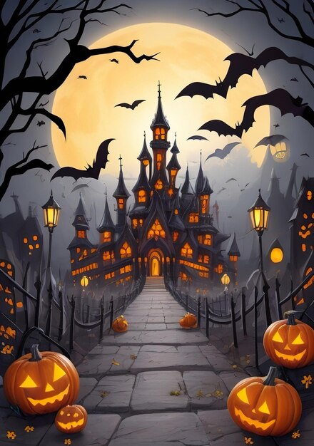 Halloween-Hintergrund mit Fledermäusen und Kürbissen Generative KI