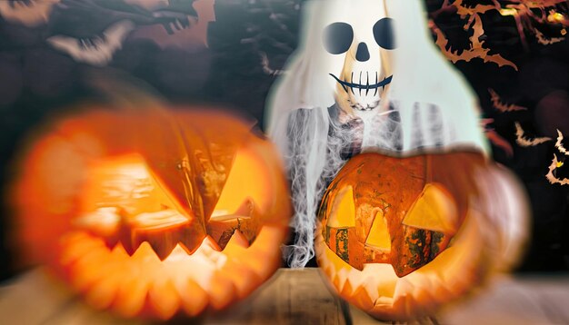 Foto halloween-hintergrund mit gespenstischem hintergrund, katzenschädel, friedhof, gruselige, gruselige horrorszene, ki