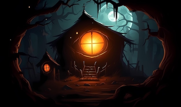 Halloween-Hintergrund mit Gräbern, Bäumen, Fledermäusen, Grabsteinen, Friedhof, generierte KI