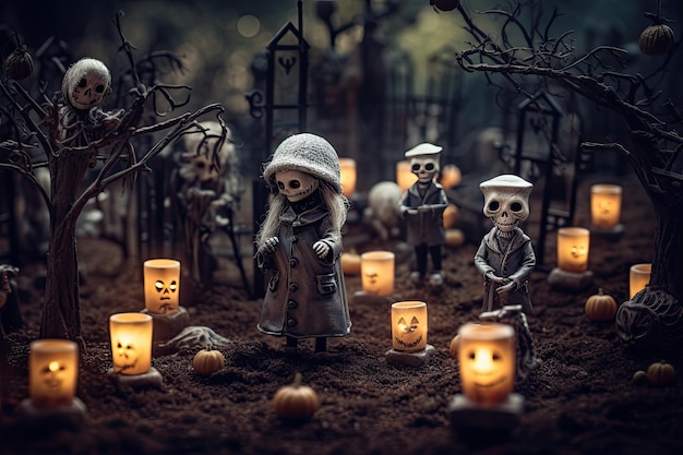 Halloween-Hintergrund mit gruseligem niedlichem Modell auf dem gruseligen Friedhof und Grabstein der Dorfszene