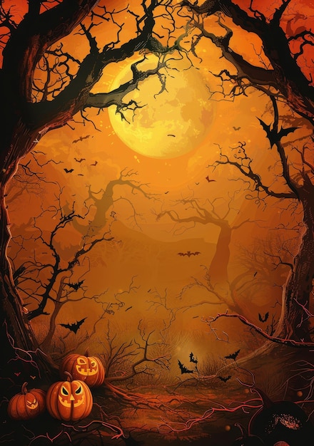 Halloween-Hintergrund mit gruseligen Bäumen, Kürbissen und Fledermäusen Vektorillustration mit Platz für Text Hal
