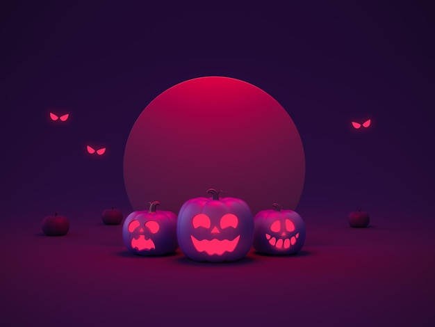 Halloween-Hintergrund mit gruseligen Gesichtern Kürbisse leuchten in dunkler Schwarz- und Lila-Vorlage