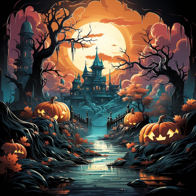 Halloween-Hintergrund mit gruseligen Kürbissen im Wald in der Vollmondnacht mit einem verwunschenen Schlosshaus