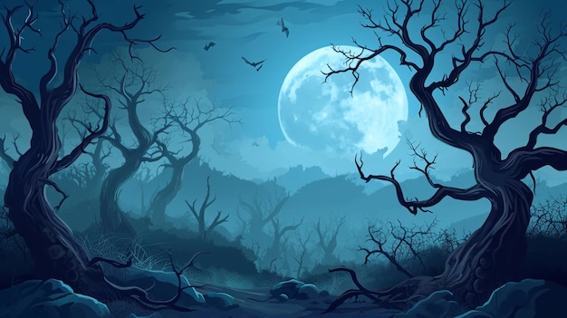 Halloween-Hintergrund mit gruseliger Landschaft des Nachthimmels Fantasy-Wald im Mondlicht Generative Ai