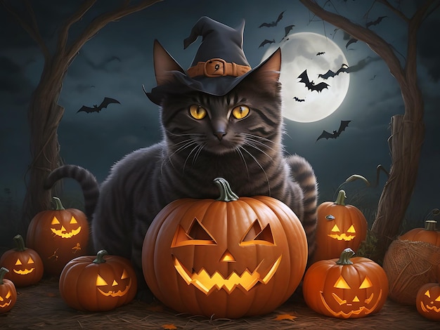 Halloween-Hintergrund mit Katzenkürbiskerzen in einem Wald bei Mondnacht durch künstliche Intelligenz