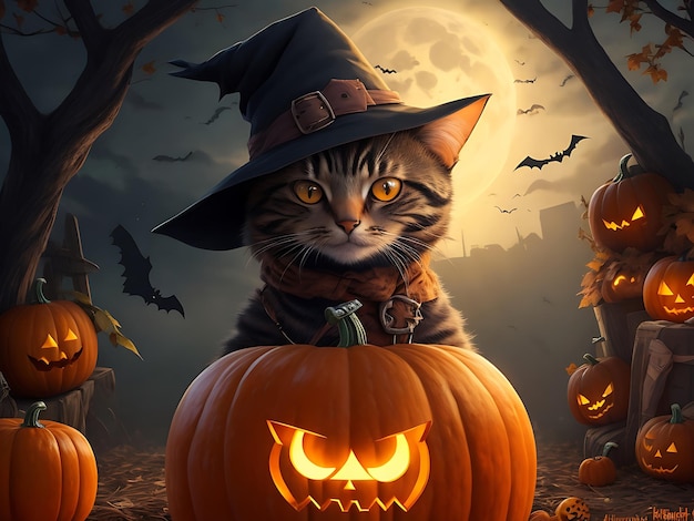 Halloween-Hintergrund mit Katzenkürbiskerzen in einem Wald bei Mondnacht durch künstliche Intelligenz